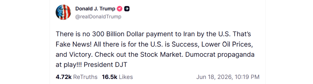 Donald Trump Truth Social post on $300 billion Iran reconstruction plan funding
